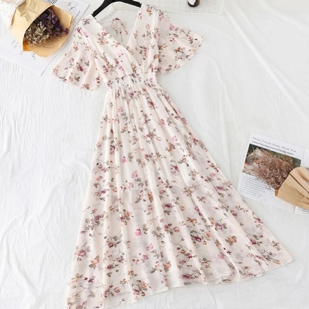 Off white/cream pink floral summer dress